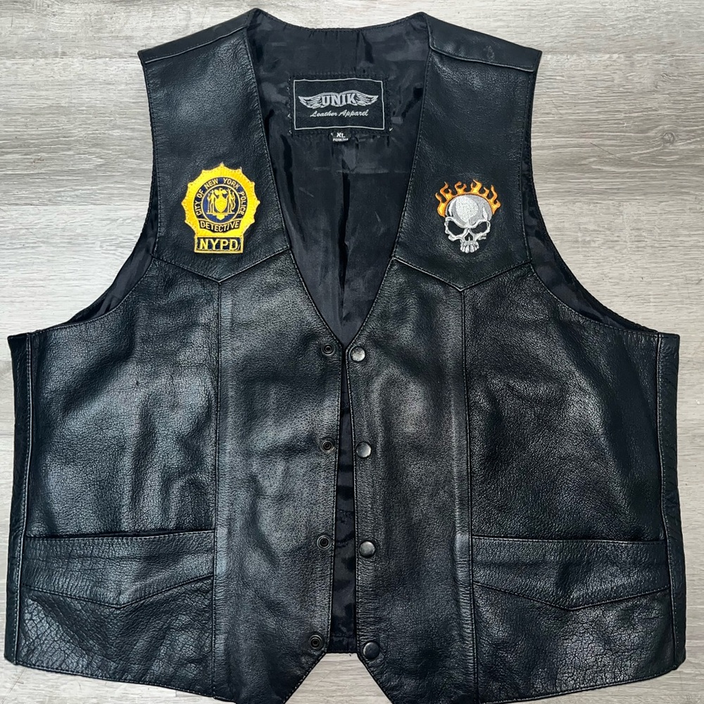 Unik Black Leather Vest with Patches Skull Harley Davidson NYPD